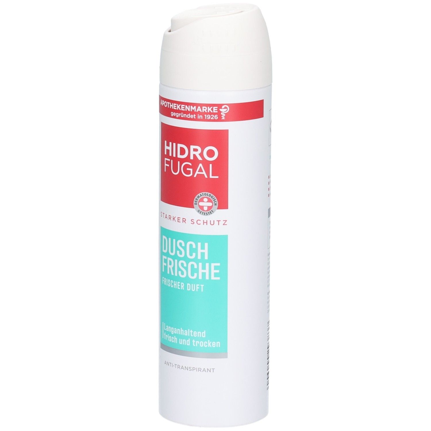 Hidrofugal Dusch Frische Spray: weiße Dose mit rotem und türkisfarbenem Etikett.