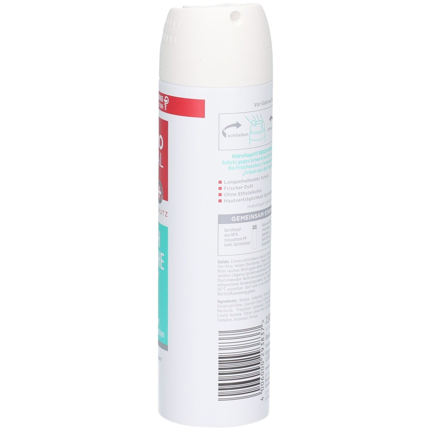 Rückseite der Hidrofugal Dusch Frische Spray Dose mit Anwendungshinweisen und Inhaltsstoffen.