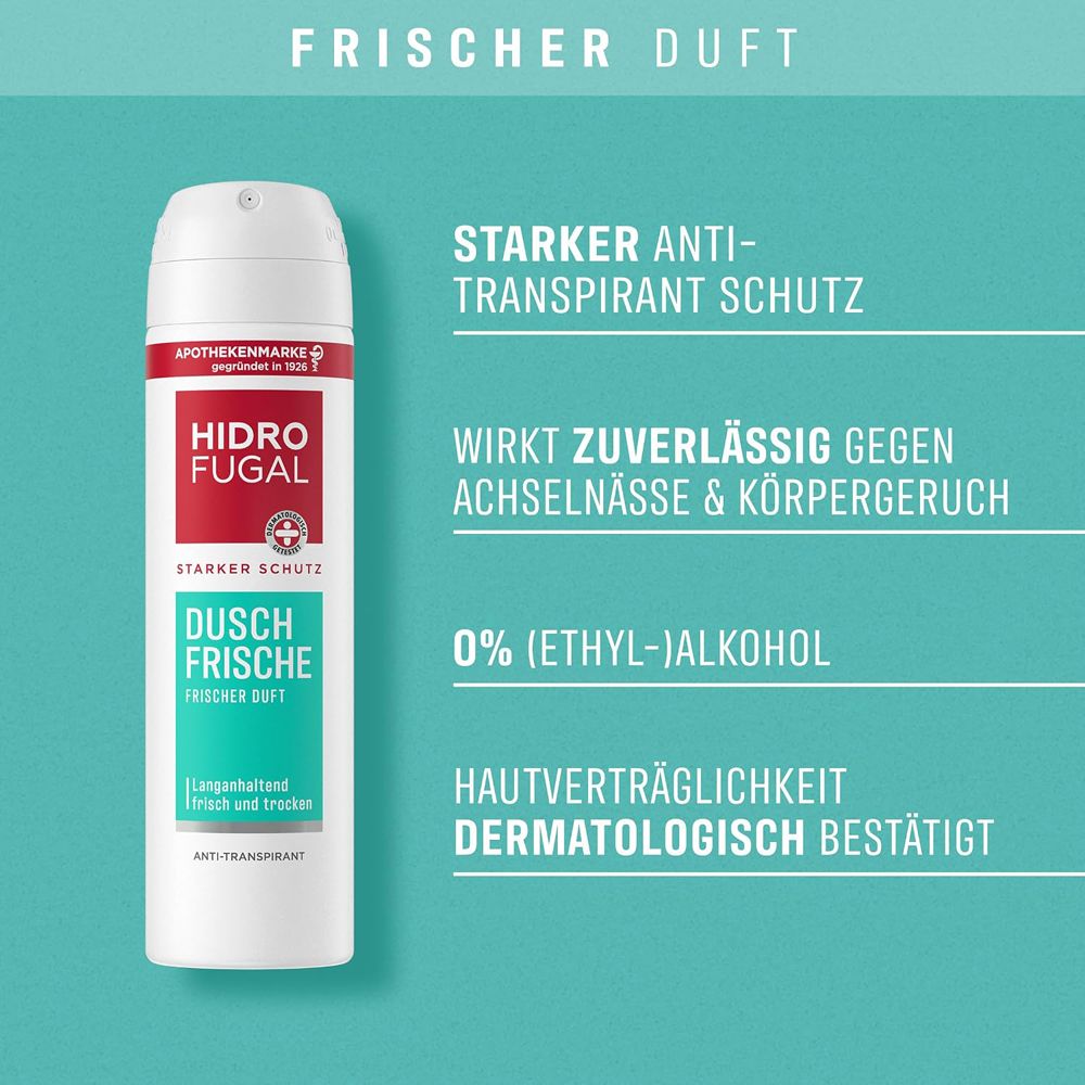 Hidrofugal Dusch Frische Anti-Transpirant Dose mit Text zu Schutz und Duft. 0% Alkohol.