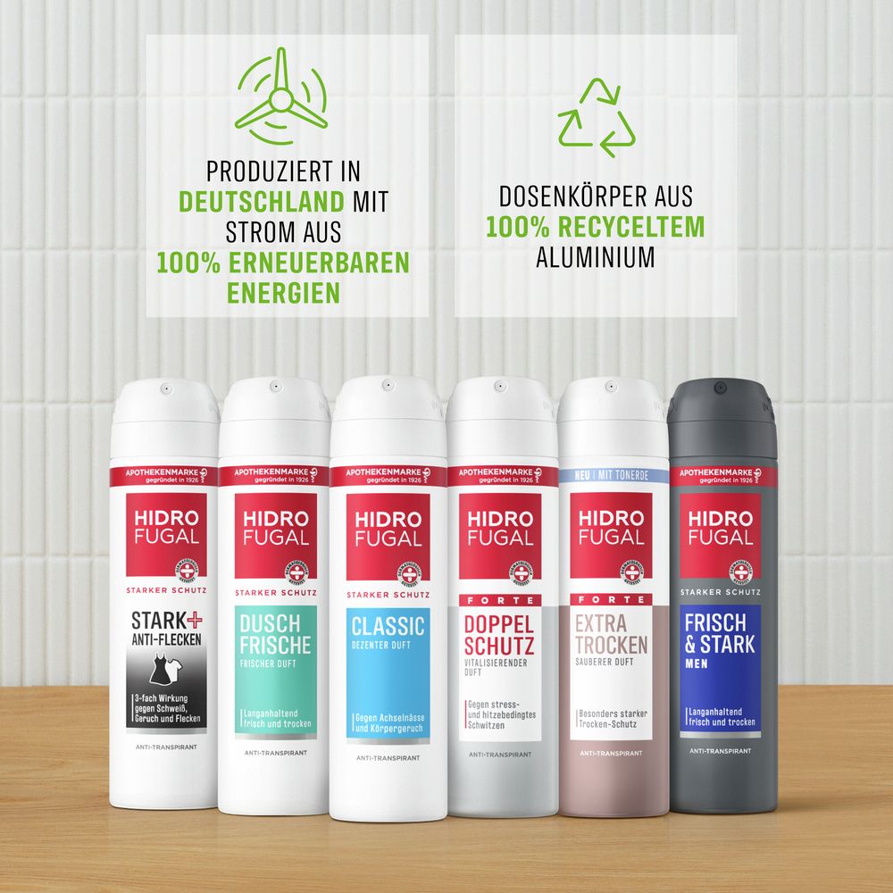 Sechs Hidrofugal Aerosoldosen mit verschiedenen Duftrichtungen und Schutzstufen.