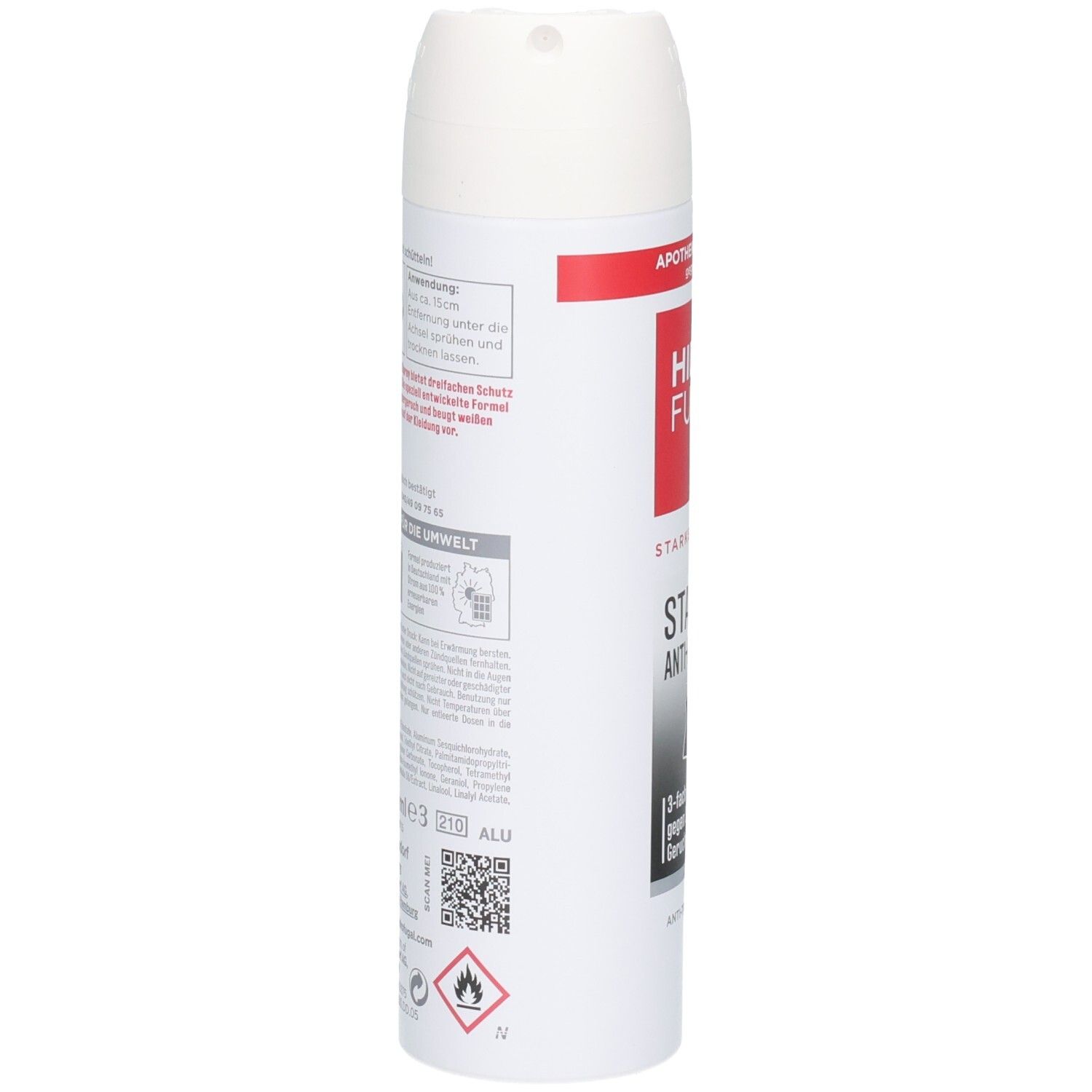 Rückseite der Hidrofugal Stark + Anti-Flecken Spray Dose mit Anwendungshinweisen und Umweltinformationen.