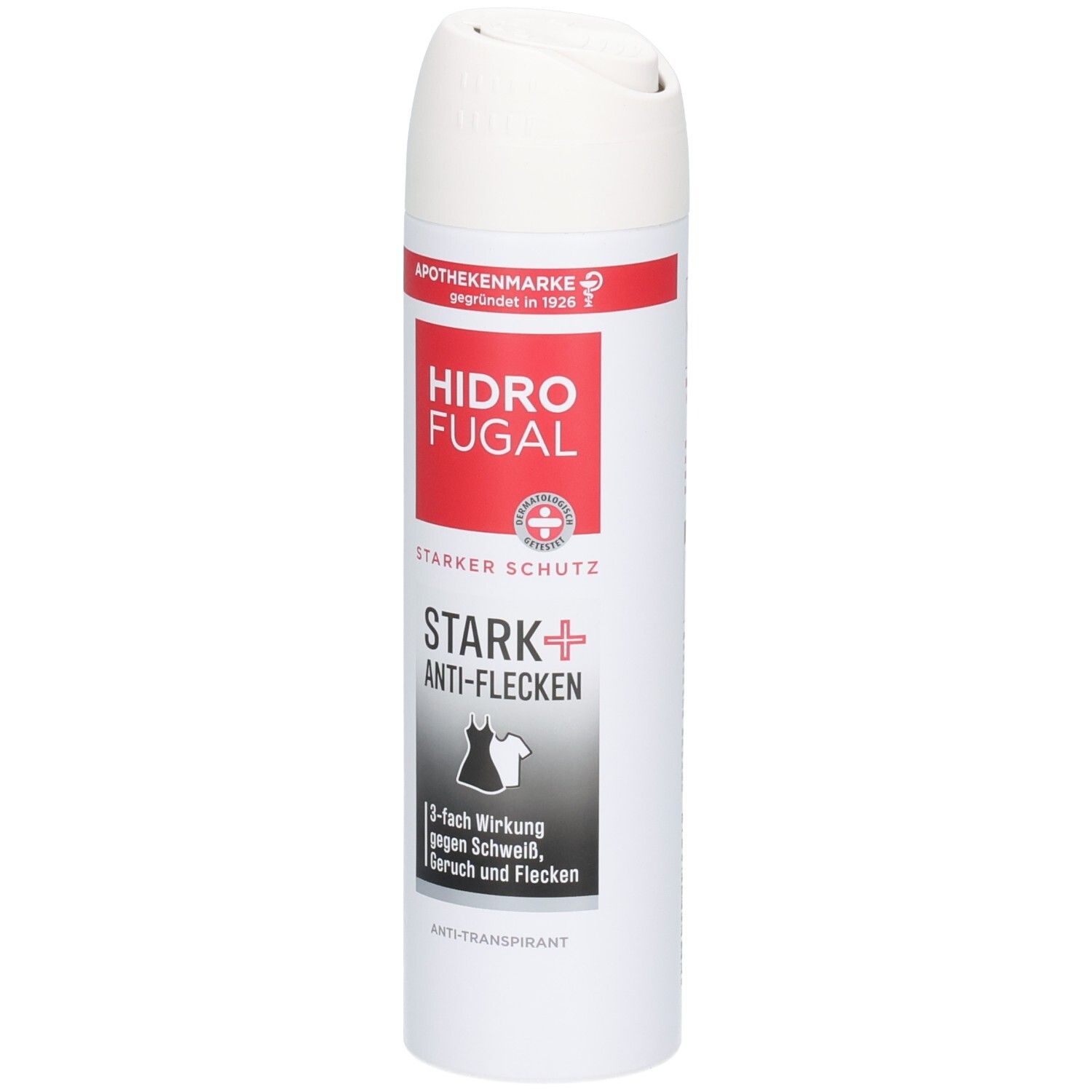 Hidrofugal Stark + Anti-Flecken Spray: Weiße Dose mit rotem und schwarzem Etikett. Zeigt ein Kleidungsstück und ein Hemd.