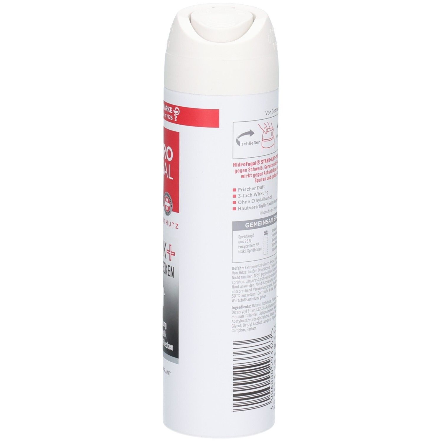 Seitenansicht der Hidrofugal Stark + Anti-Flecken Spray Dose mit Anwendungshinweisen und Umweltinformationen.