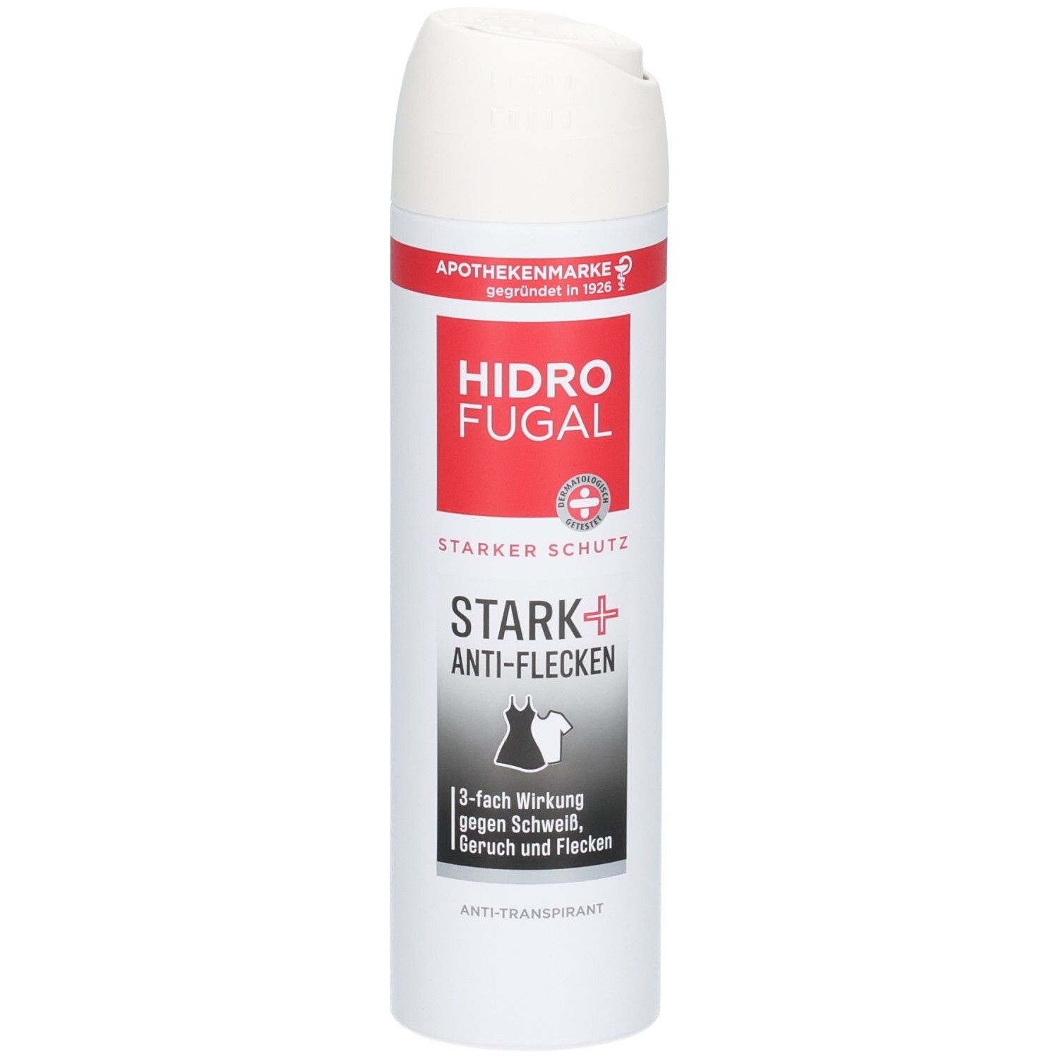 Hidrofugal Stark + Anti-Flecken Spray: Weiße Dose mit rotem und schwarzem Etikett. Zeigt ein Kleidungsstück und ein Hemd.