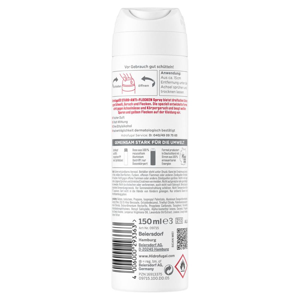Rückseite der Hidrofugal Stark + Anti-Flecken Spray Dose mit Anwendungshinweisen und Inhaltsstoffen.