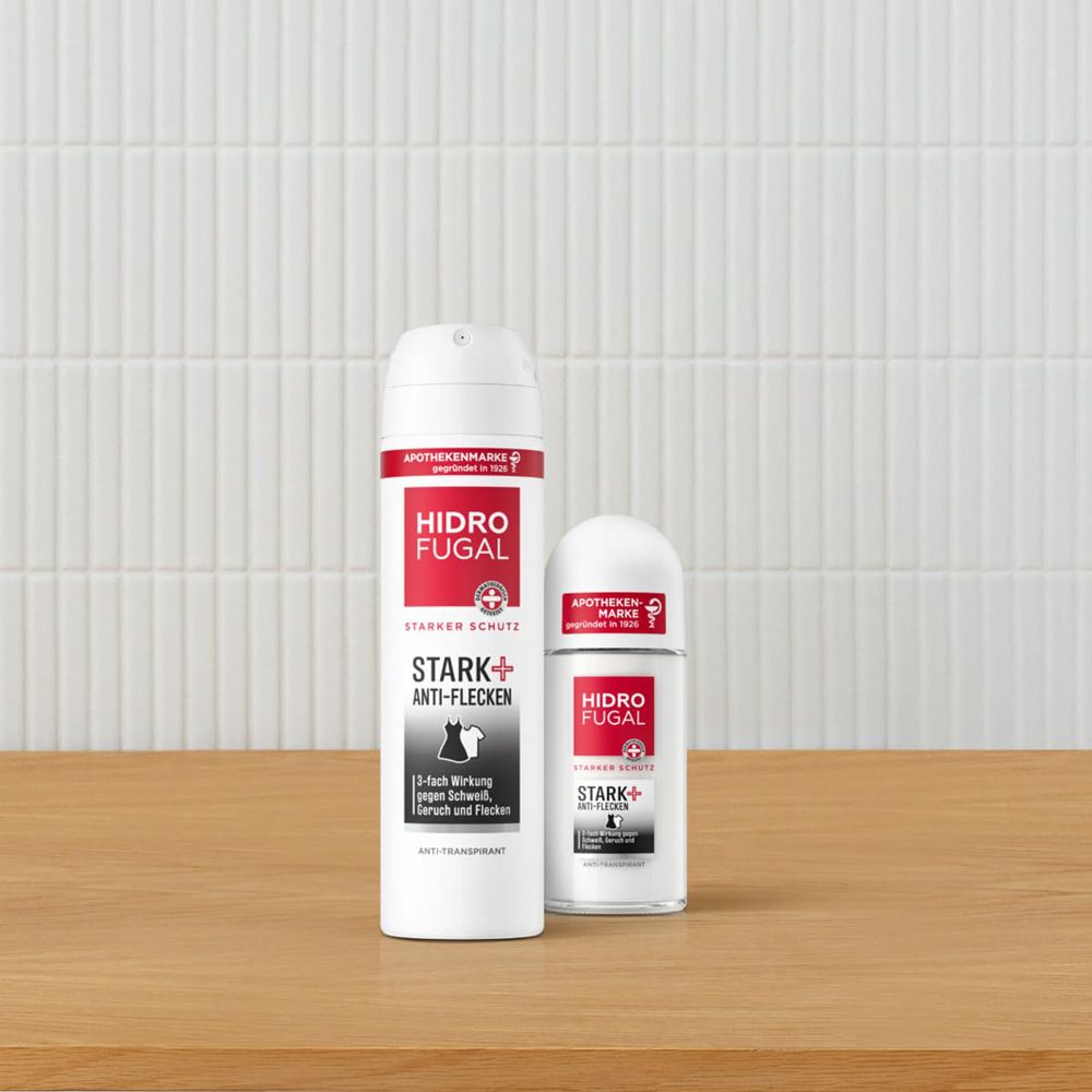 Hidrofugal Stark + Anti-Flecken Spray neben einer kleineren Roll-on Flasche.