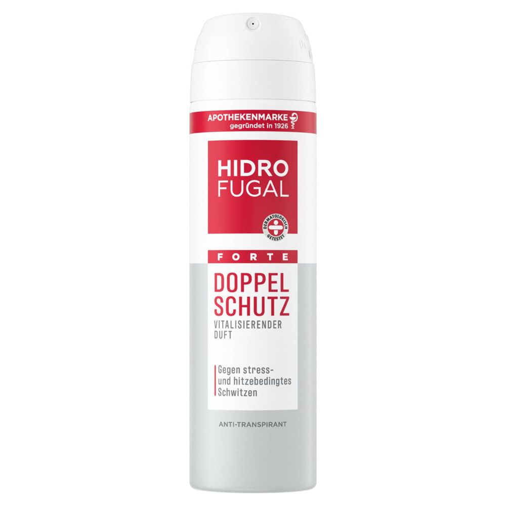 Hidrofugal Forte Doppel Schutz Spray: Weißer Aerosoldose mit rotem und grauem Etikett.