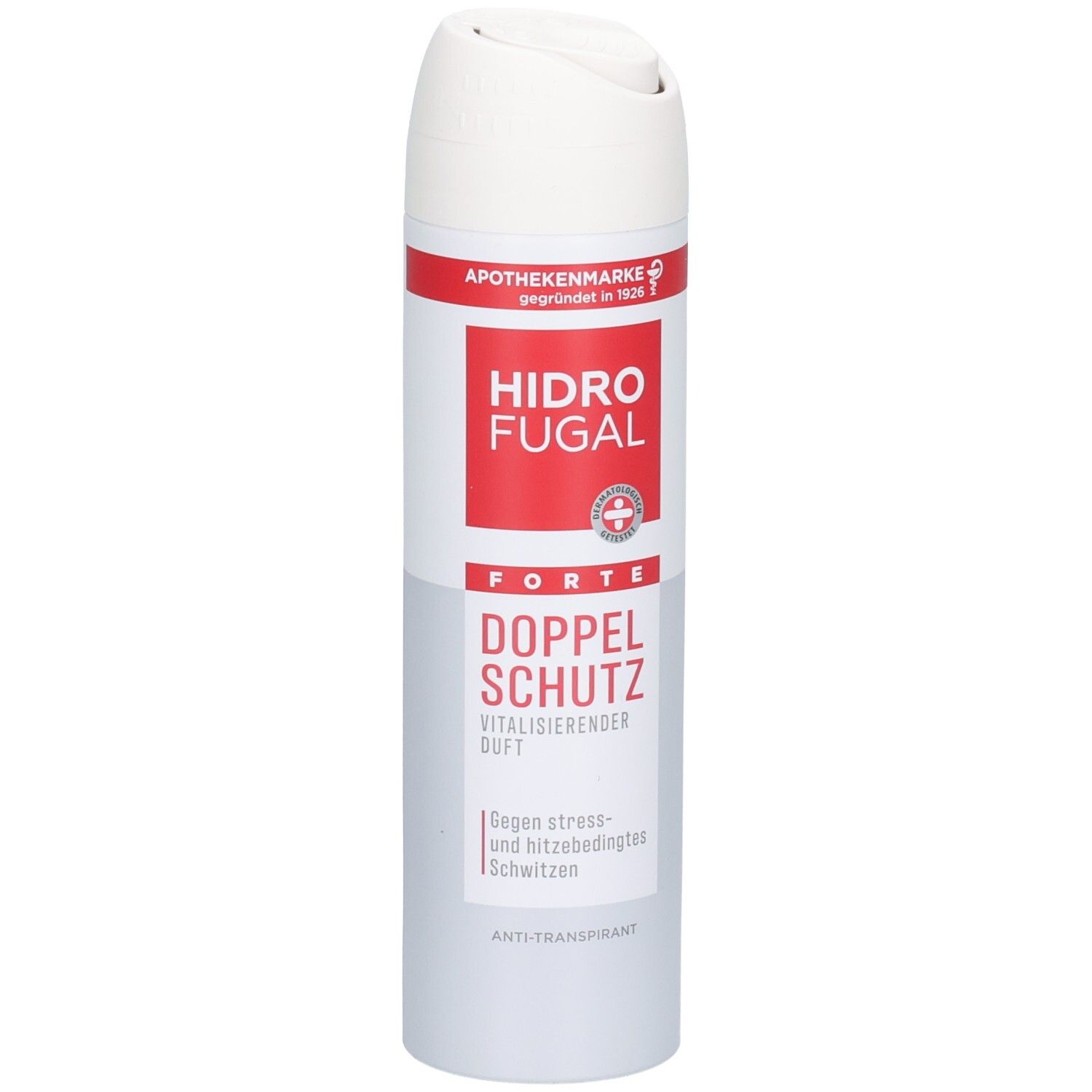 Hidrofugal Forte Doppel Schutz Spray: Weißer Aerosoldose mit rotem und grauem Etikett. Anti-Transpirant.
