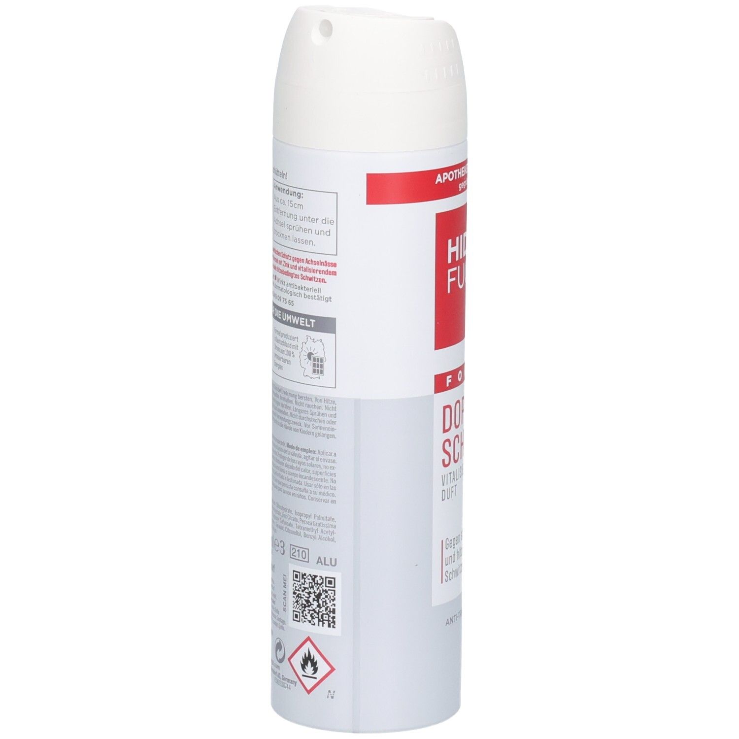 Rückseite der Hidrofugal Forte Doppel Schutz Spray Dose mit Anwendungshinweisen und Umweltinformationen.