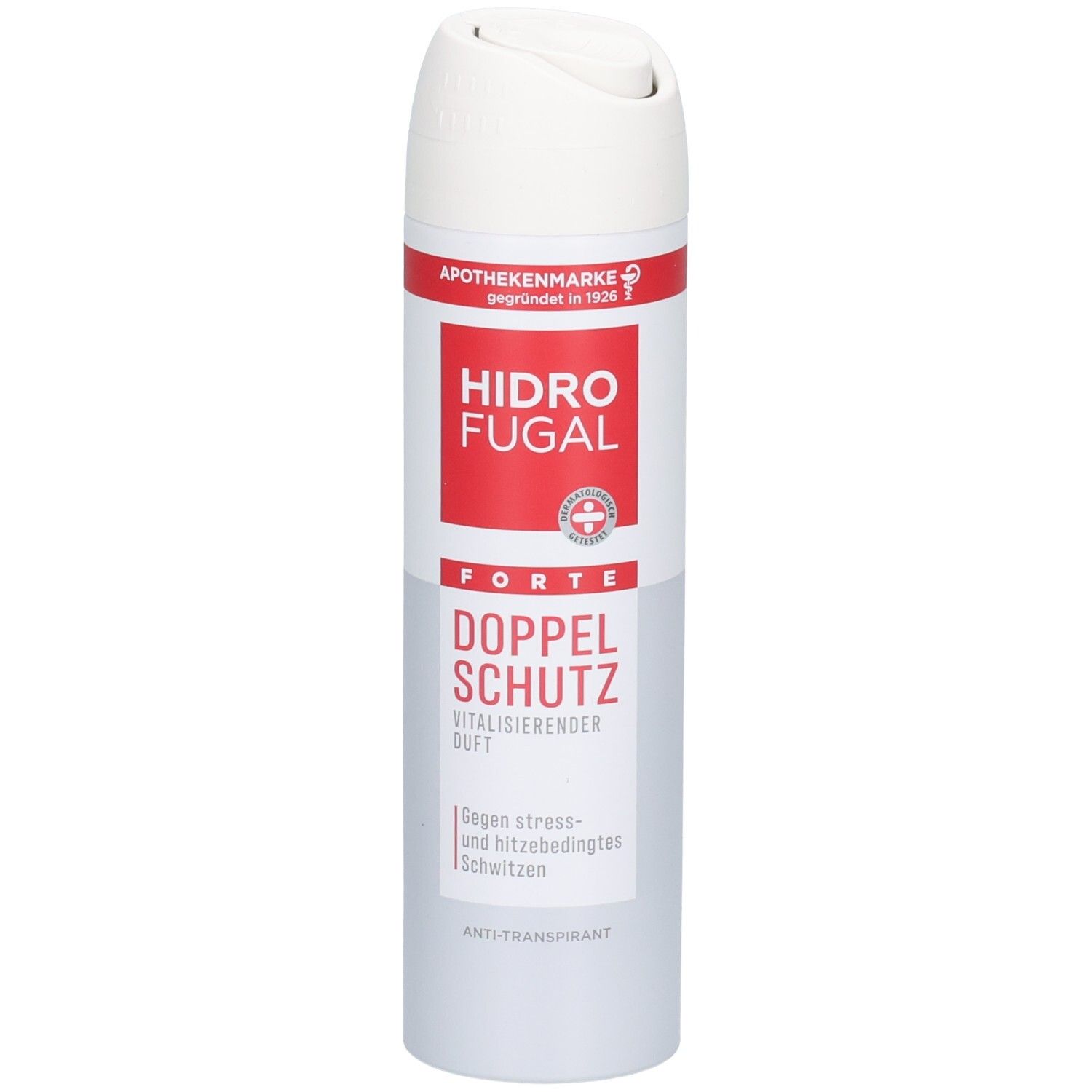 Hidrofugal Forte Doppel Schutz Spray: Weißer Aerosoldose mit rotem und grauem Etikett. Anti-Transpirant.