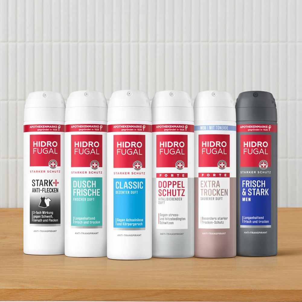 Sechs Hidrofugal Sprays: Stark+, Dusch Frische, Classic, Forte, Extra Trocken und Frisch & Stark Men.