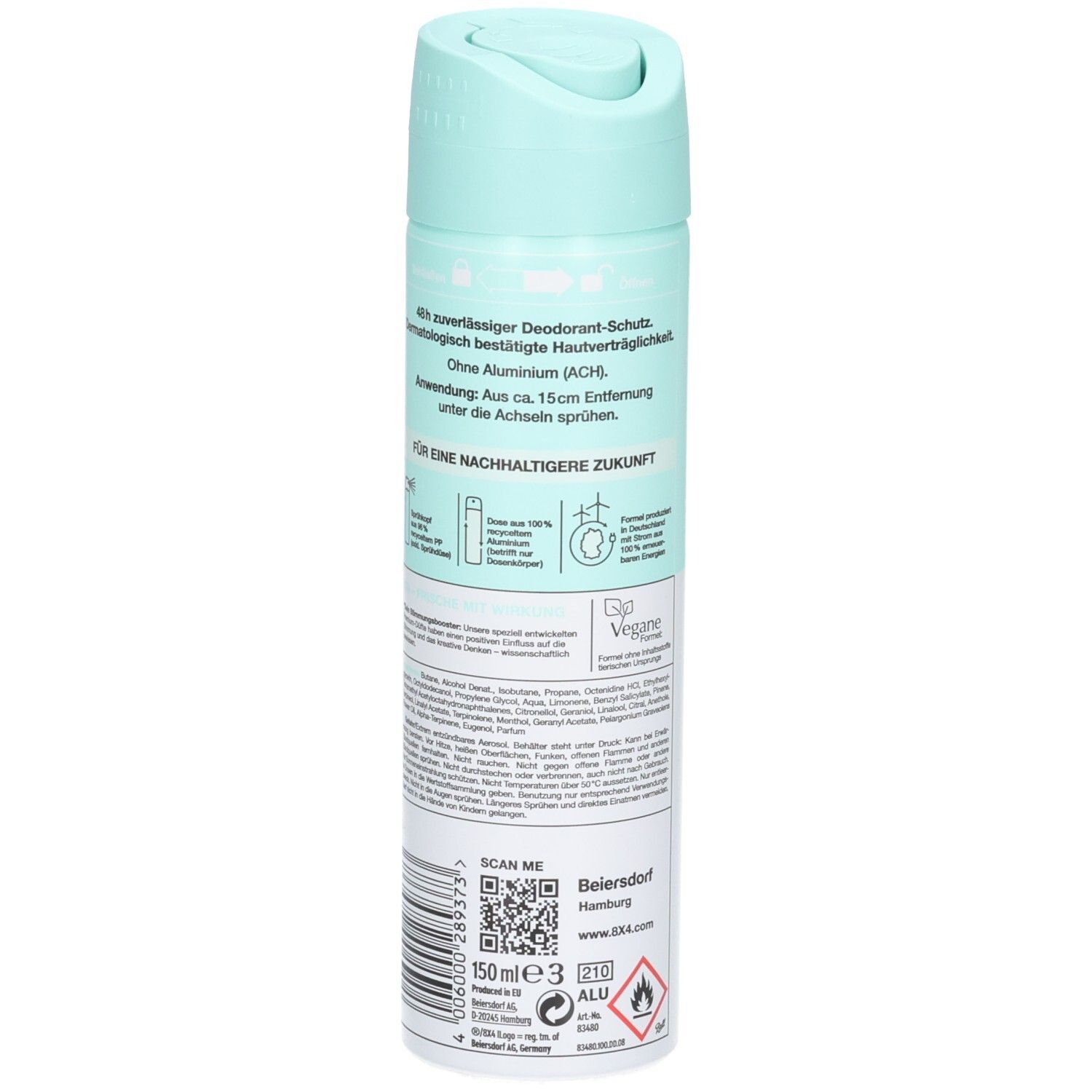 Rückseite der 8x4 Fresh Lime Deospray Dose mit Siegeln und Produktinformationen.