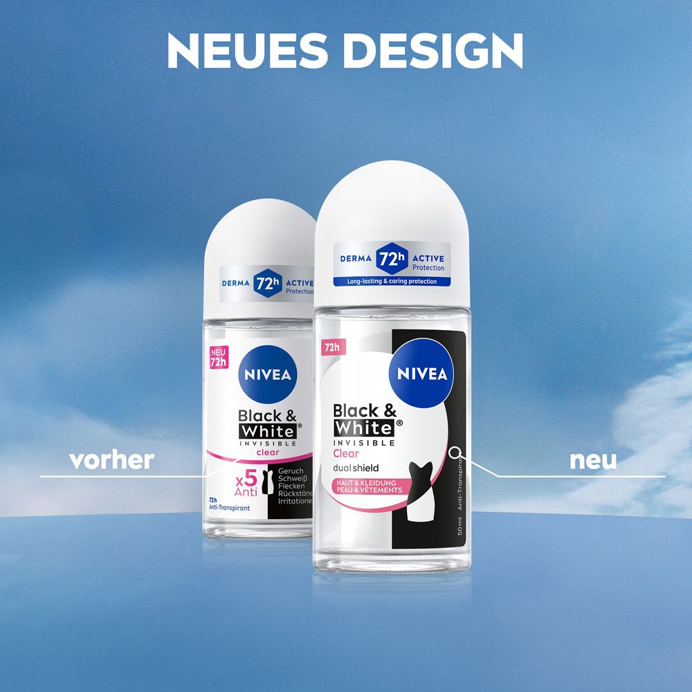 Vergleich NIVEA Black & White Invisible Clear Deo Roll-On: vorher und neu, mit dualshield.