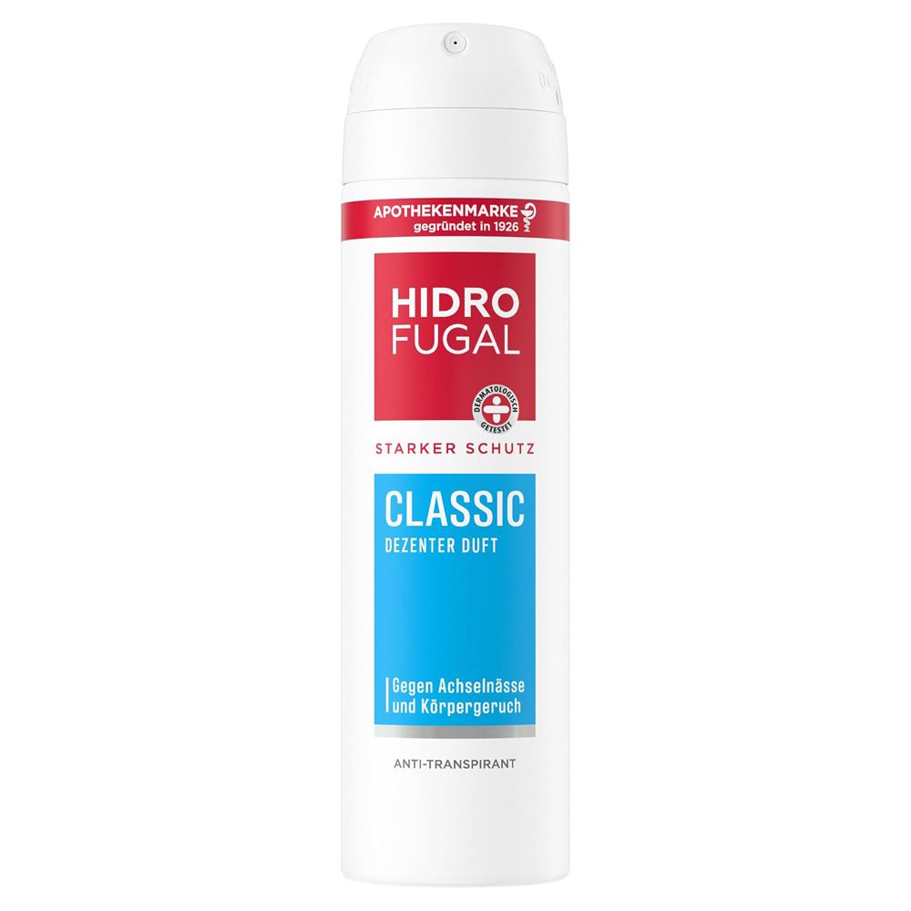 Hidrofugal Classic Spray: weiße Dose mit rotem und blauem Etikett, starker Schutz.