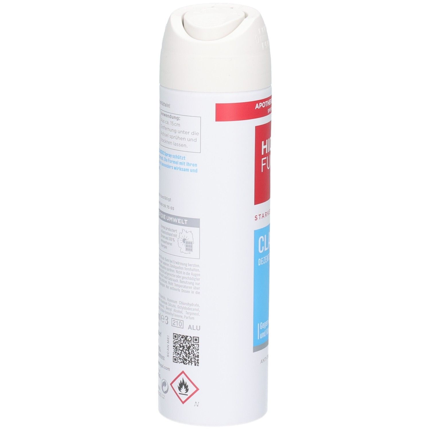 Rückseite der Hidrofugal Classic Spray Dose mit Anwendungshinweisen und Produktinformationen.