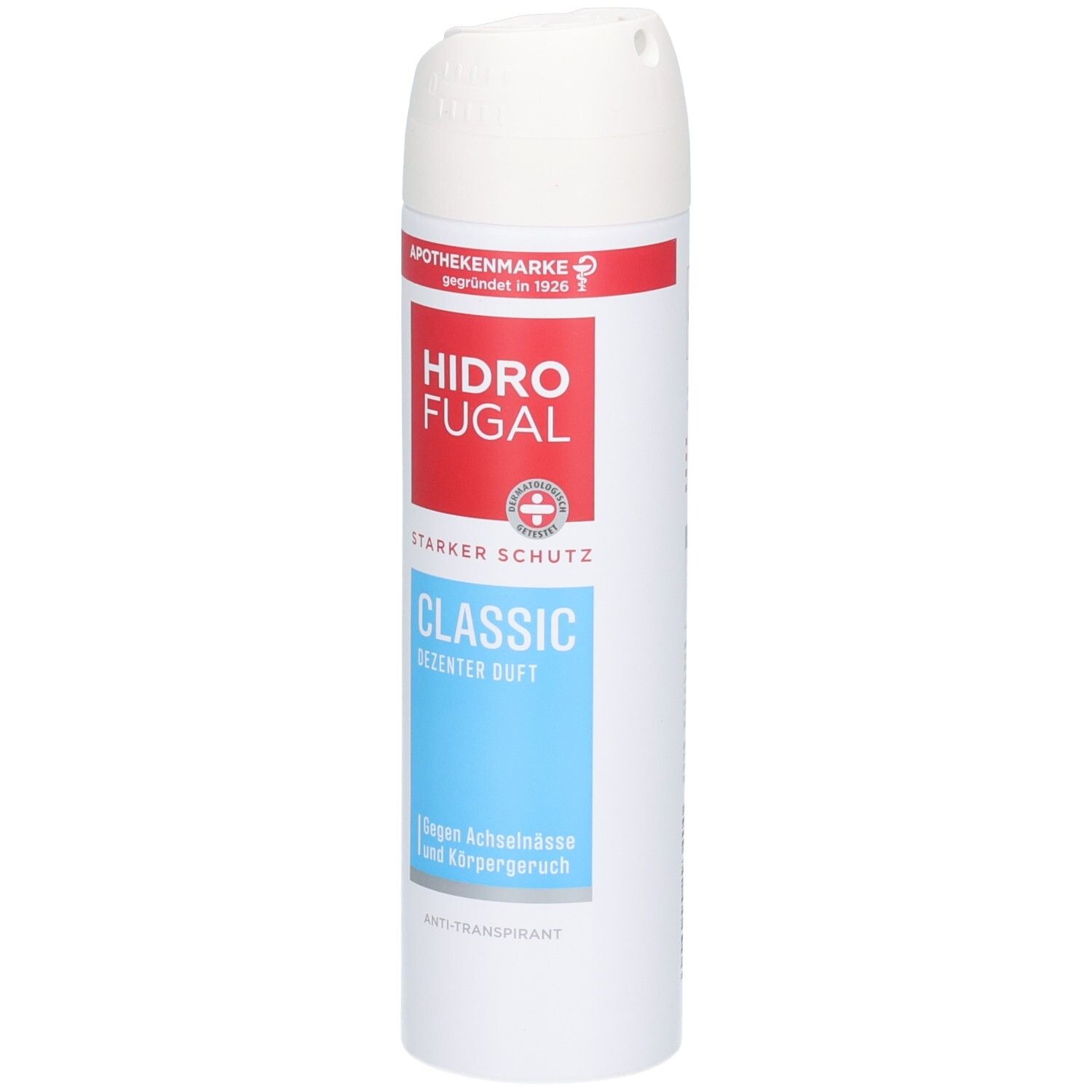 Hidrofugal Classic Spray: weiße Dose mit rotem und blauem Etikett. Starker Schutz, dezenter Duft.