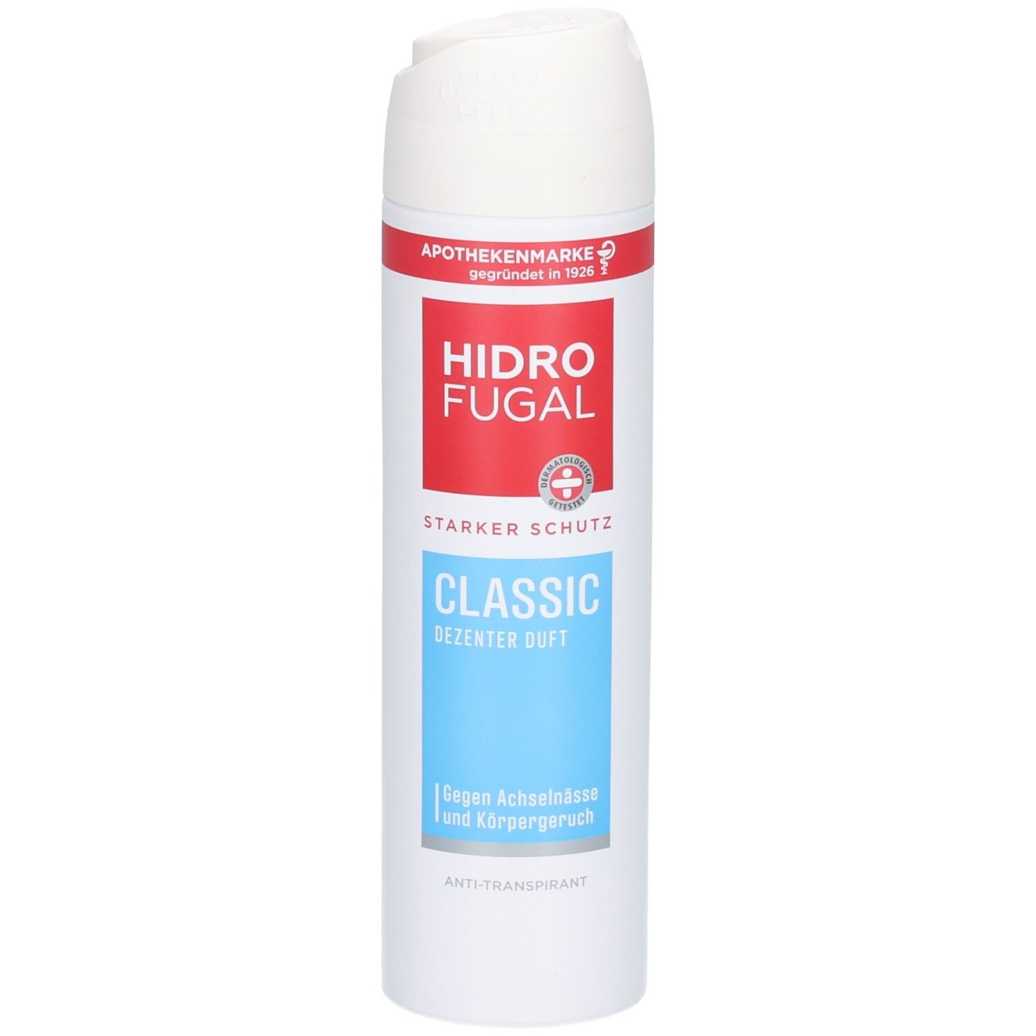 Hidrofugal Classic Spray: weiße Dose mit rotem und blauem Etikett. Starker Schutz, dezenter Duft.