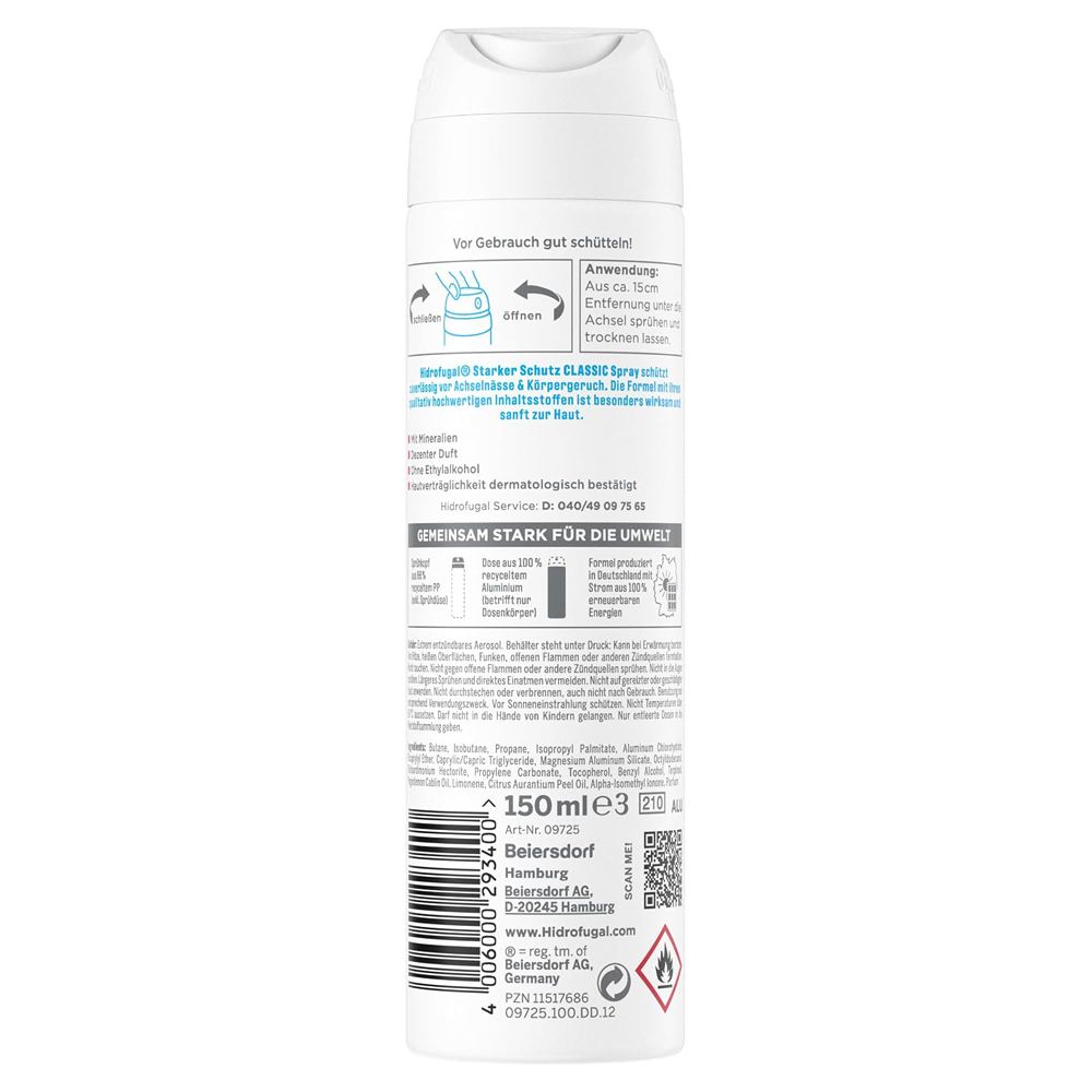 Rückseite der Hidrofugal Classic Spray Dose mit Anwendungshinweisen und Inhaltsstoffen.