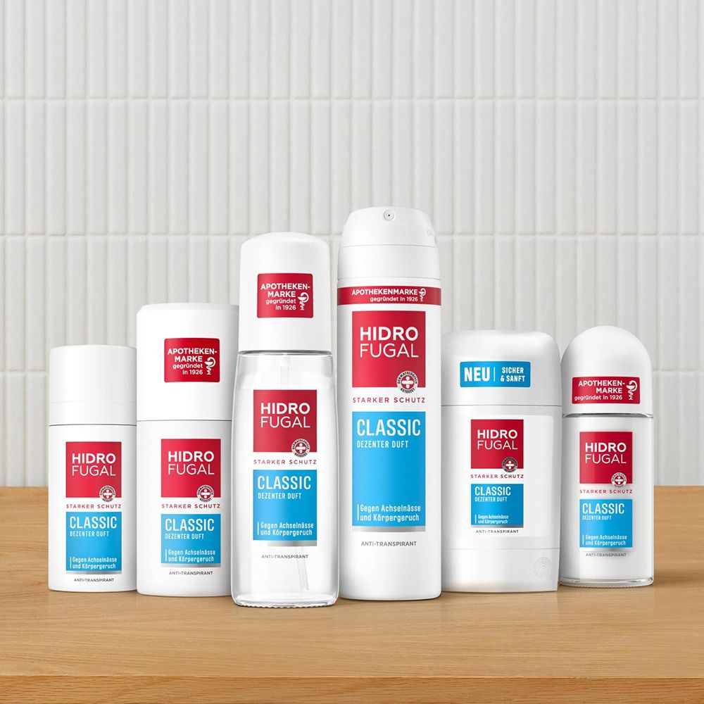 Reihe von Hidrofugal Classic Deodorant-Produkten in verschiedenen Größen.