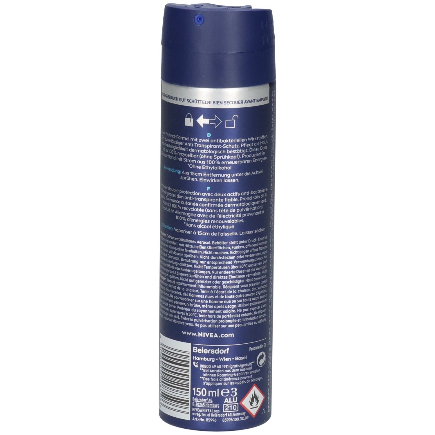 NIVEA MEN Dry Active Deo Spray: Rückseite mit Inhaltsstoffen und Anwendungshinweisen.