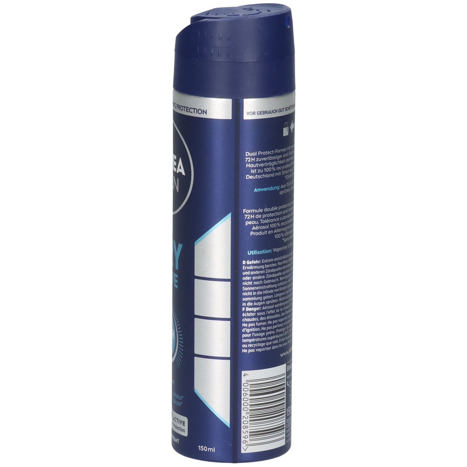 NIVEA MEN Dry Active Deo Spray: Seitenansicht mit Anwendungshinweisen und Barcode.