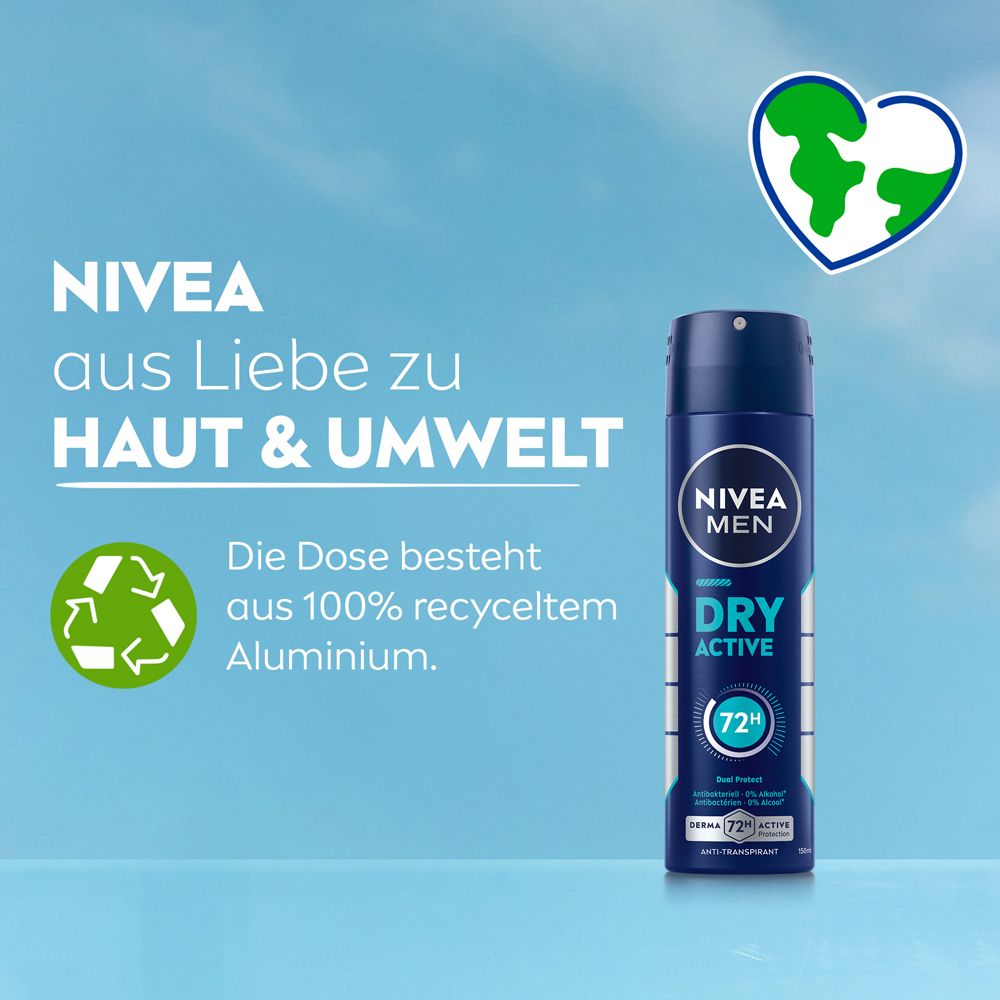 NIVEA MEN Dry Active Deo Spray: Dose aus 100% recyceltem Aluminium, Haut & Umwelt.