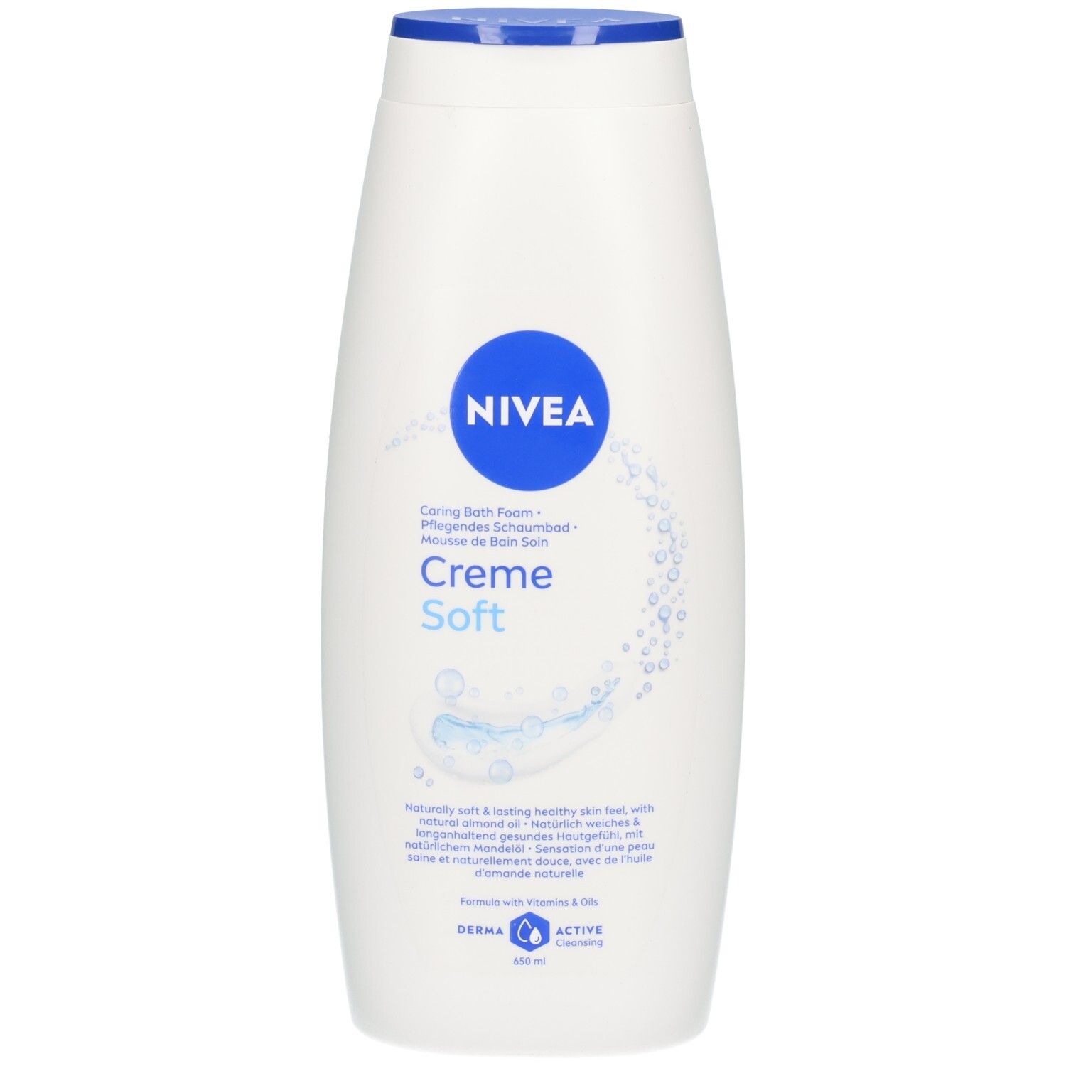 Weiße Nivea Creme Soft Badeschaum-Flasche mit blauem Deckel und Etikett.