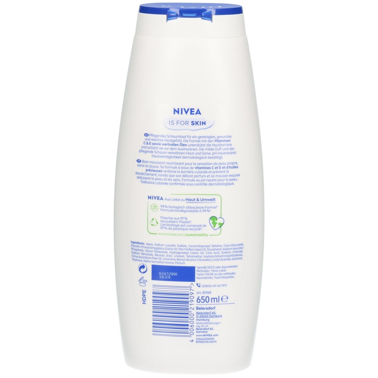 Weiße Nivea Duschgel-Flasche mit blauem Deckel, 650ml. Rückseite mit Produktinformationen und Barcode.