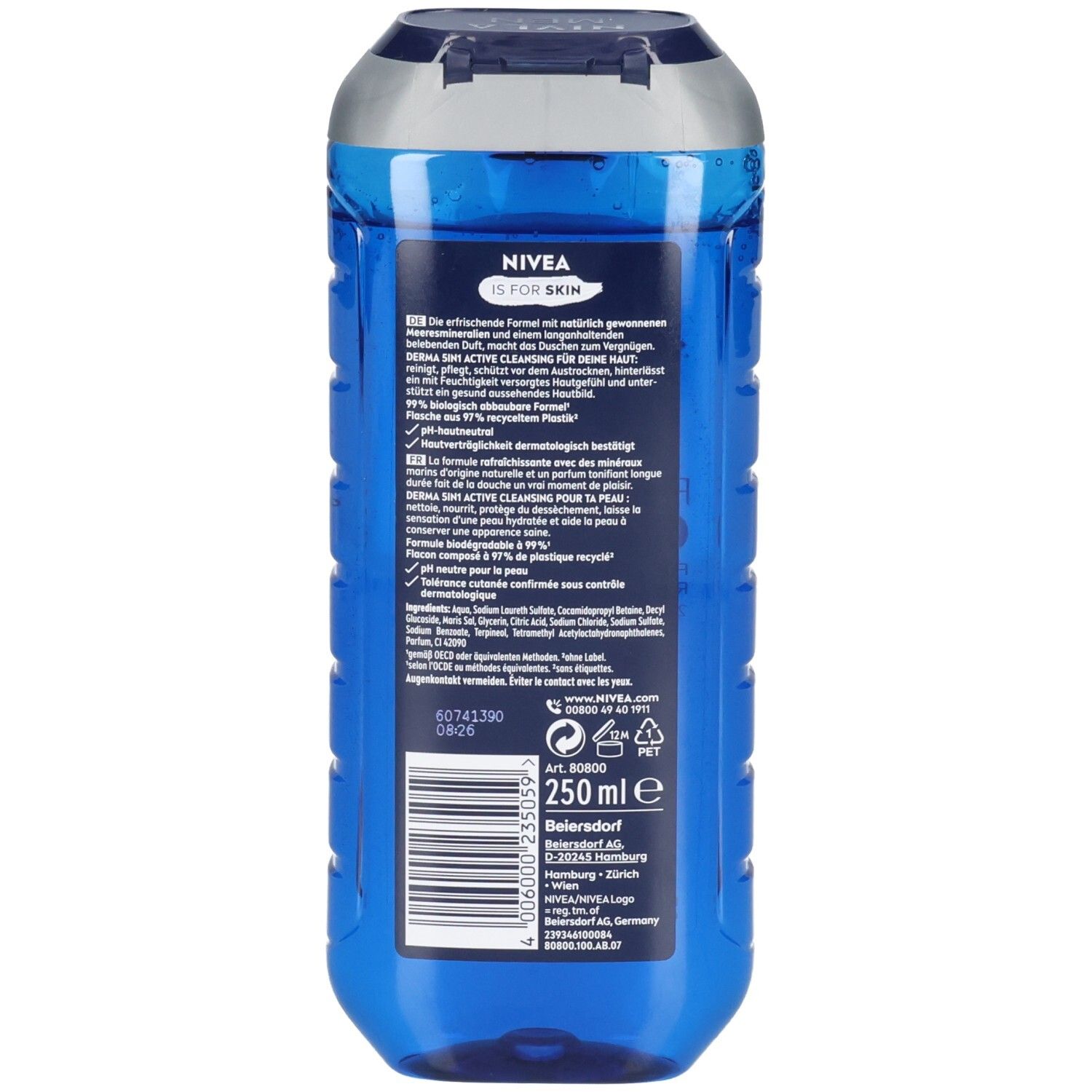 Nivea Duschgel, 250 ml, blaue Flasche mit silbernem Verschluss. Rückseite mit Produktinformationen und Barcode.