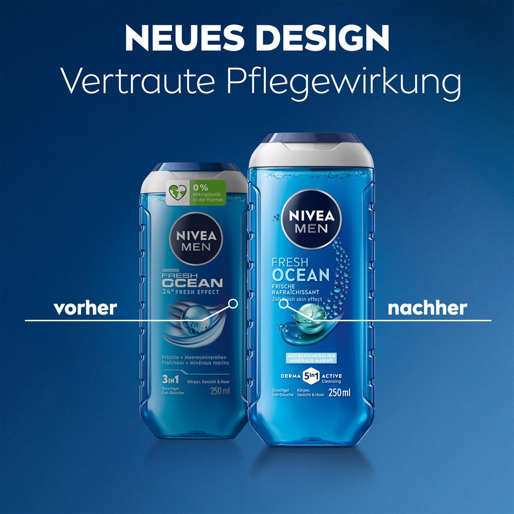 Zwei Nivea Men Fresh Ocean Duschgelflaschen, links "vorher", rechts "nachher". Beide 250ml.