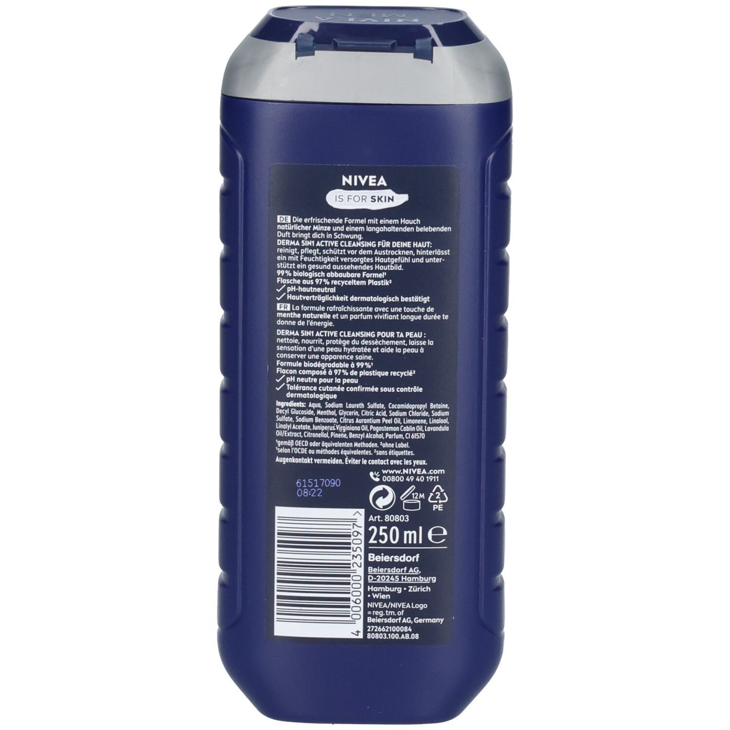 Dunkelblaue Nivea Duschgelflasche mit silbernem Verschluss. Rückseite mit Produktinformationen und Barcode. 250 ml.