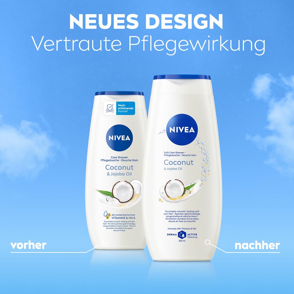 Zwei Nivea Duschgel-Flaschen mit Kokos und Jojobaöl. Eine Flasche "vorher", eine "nachher".