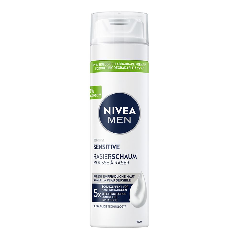 NIVEA MEN Sensitive Rasierschaum Dose mit weißem Pumpspender und blauer Kappe.
