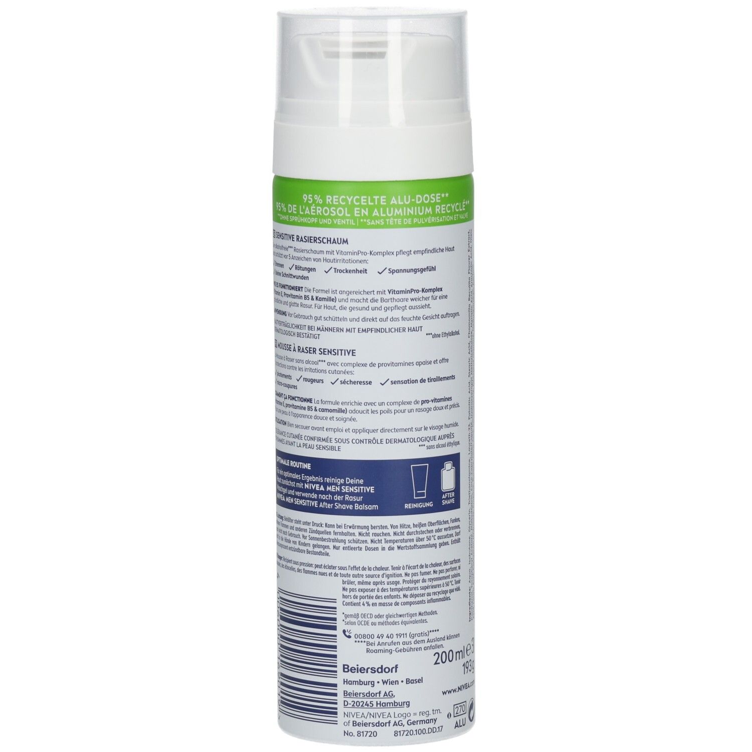 Rückseite einer NIVEA MEN Sensitive Rasierschaum Dose mit Produktinformationen und Barcode.