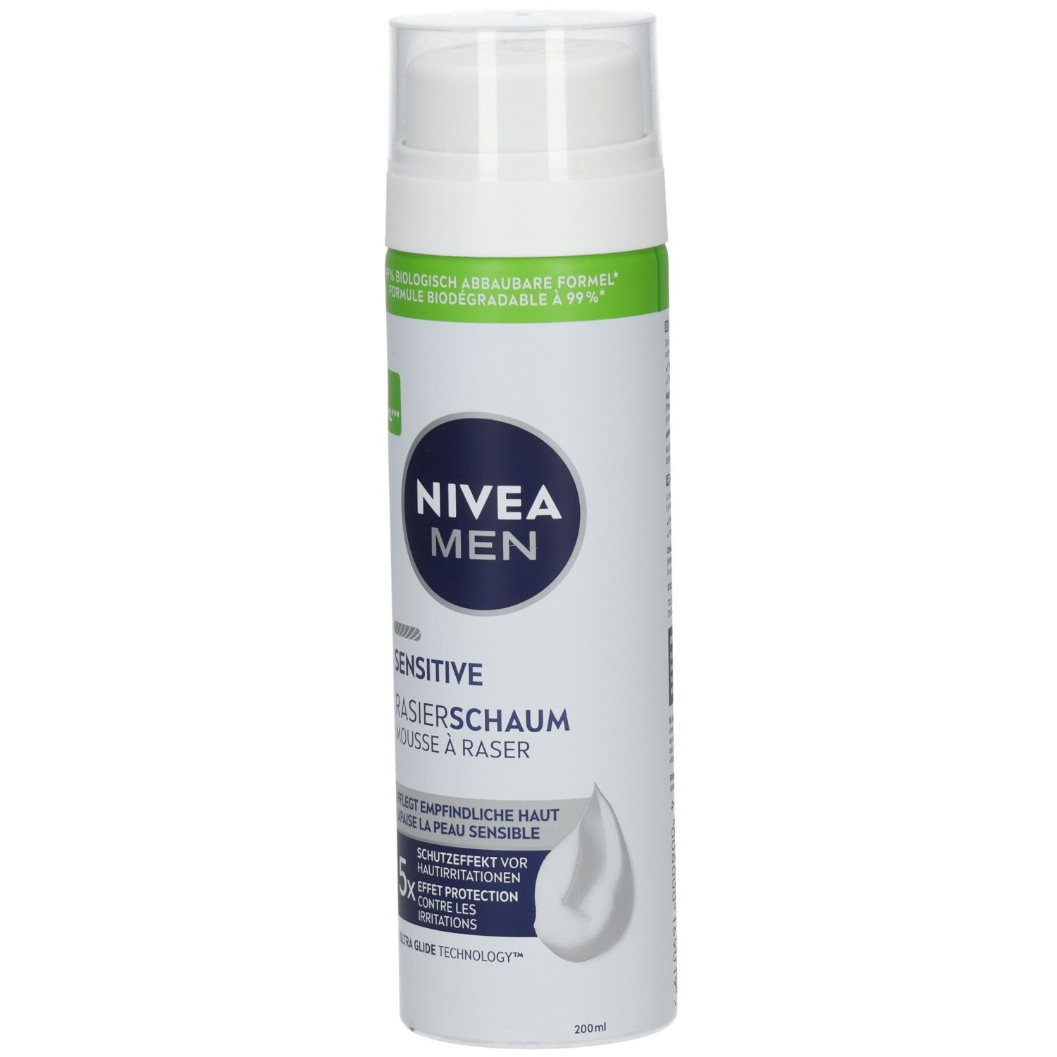 NIVEA MEN Sensitive Rasierschaum Dose mit weißem Pumpspender und blauer Kappe.