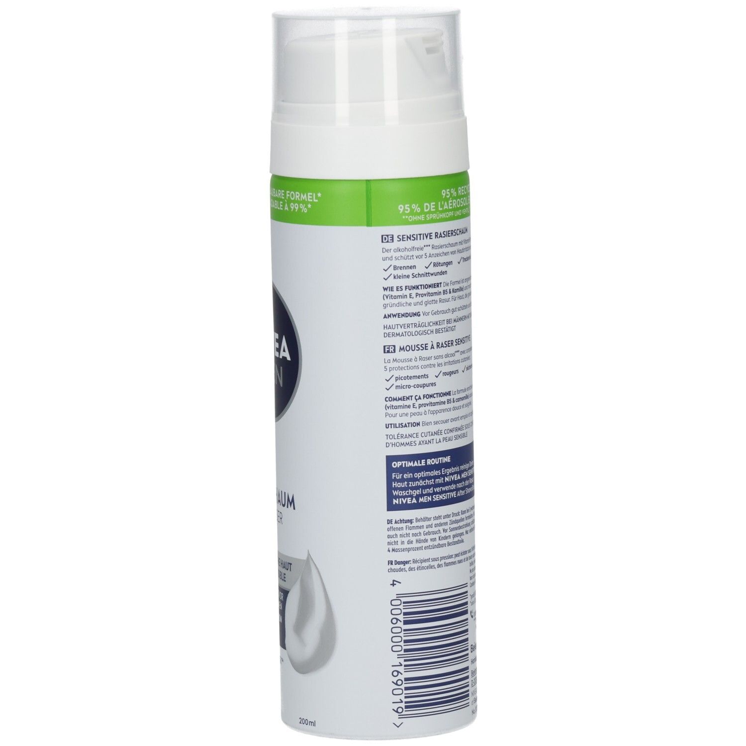 Rückseite einer NIVEA MEN Sensitive Rasierschaum Dose mit Produktinformationen.