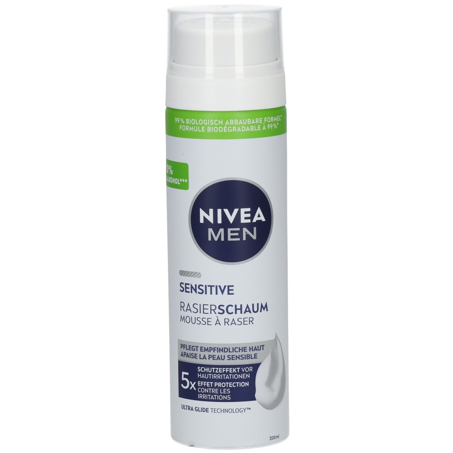 NIVEA MEN Sensitive Rasierschaum Dose mit weißem Pumpspender und blauer Kappe.