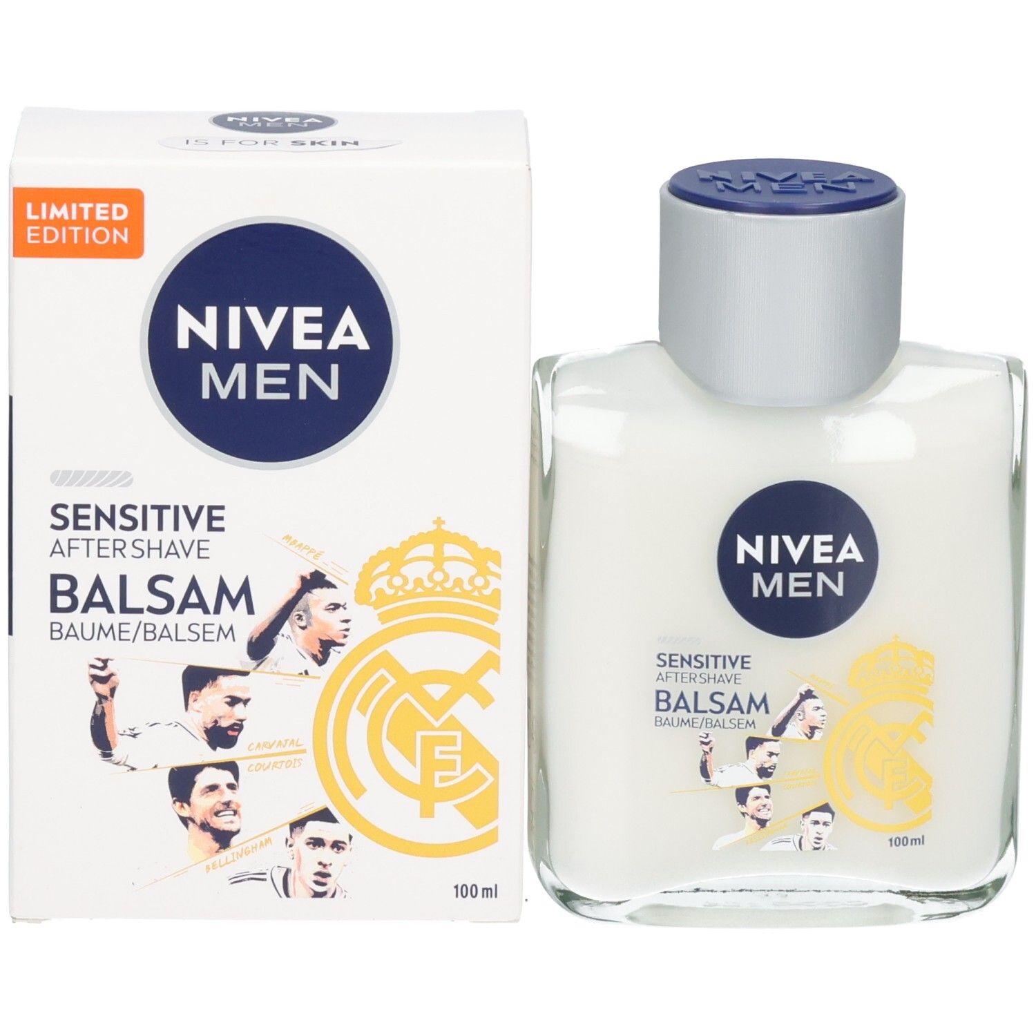 Nivea Men Sensitive After Shave Balsam in Glasflasche mit Kartonverpackung. Limited Edition mit Fußballspielern.