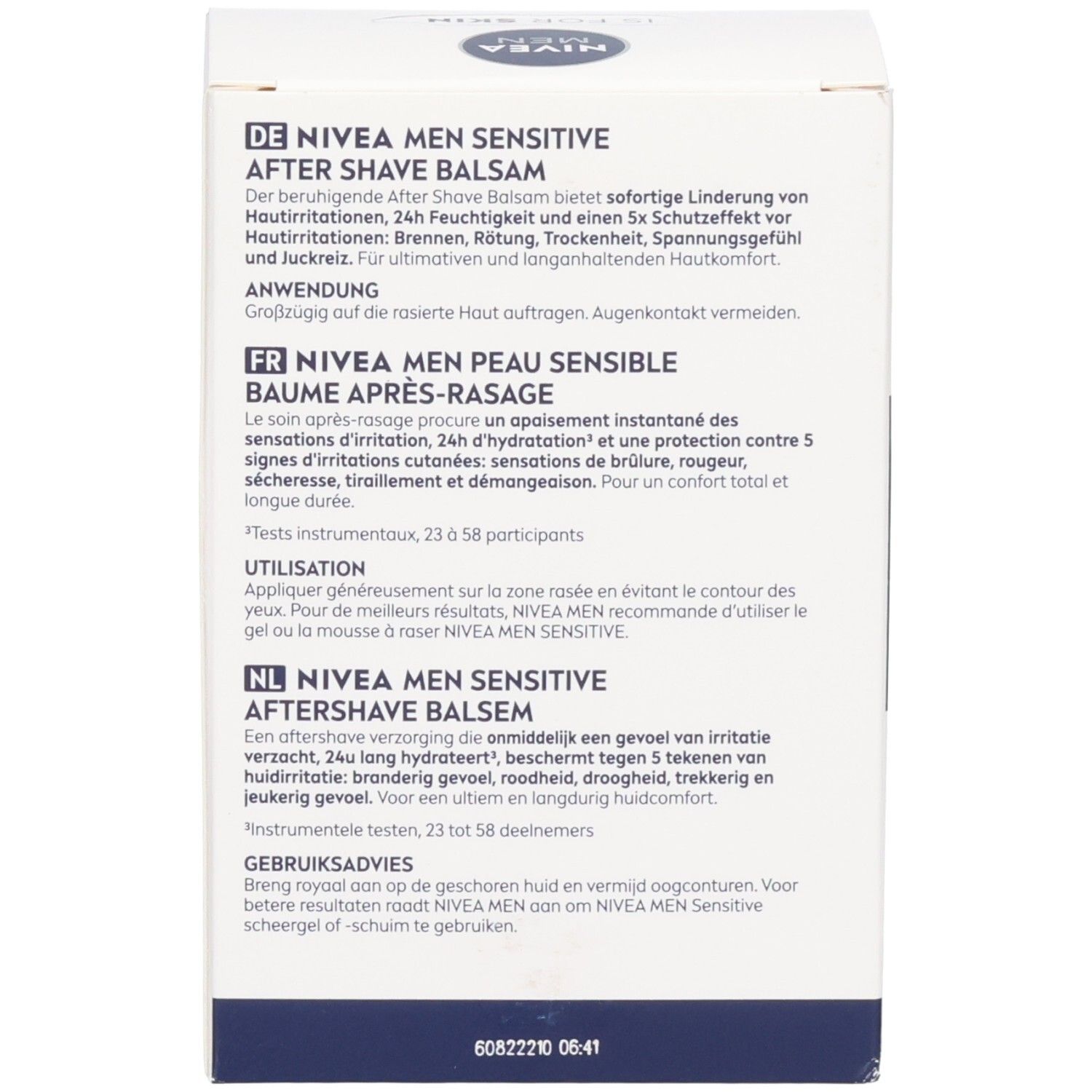 NIVEA MEN SENSITIVE AFTER SHAVE BALSAM Box. Beruhigt, spendet 24h Feuchtigkeit und bietet 5x Schutz.