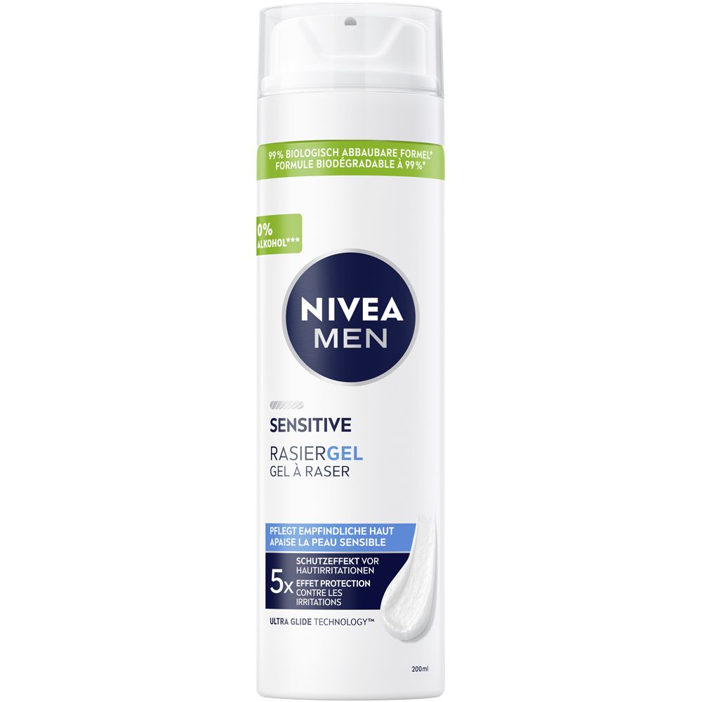 NIVEA MEN Sensitive Rasiergel mit 0% Alkohol. Bietet 5x Schutz vor Hautirritationen.