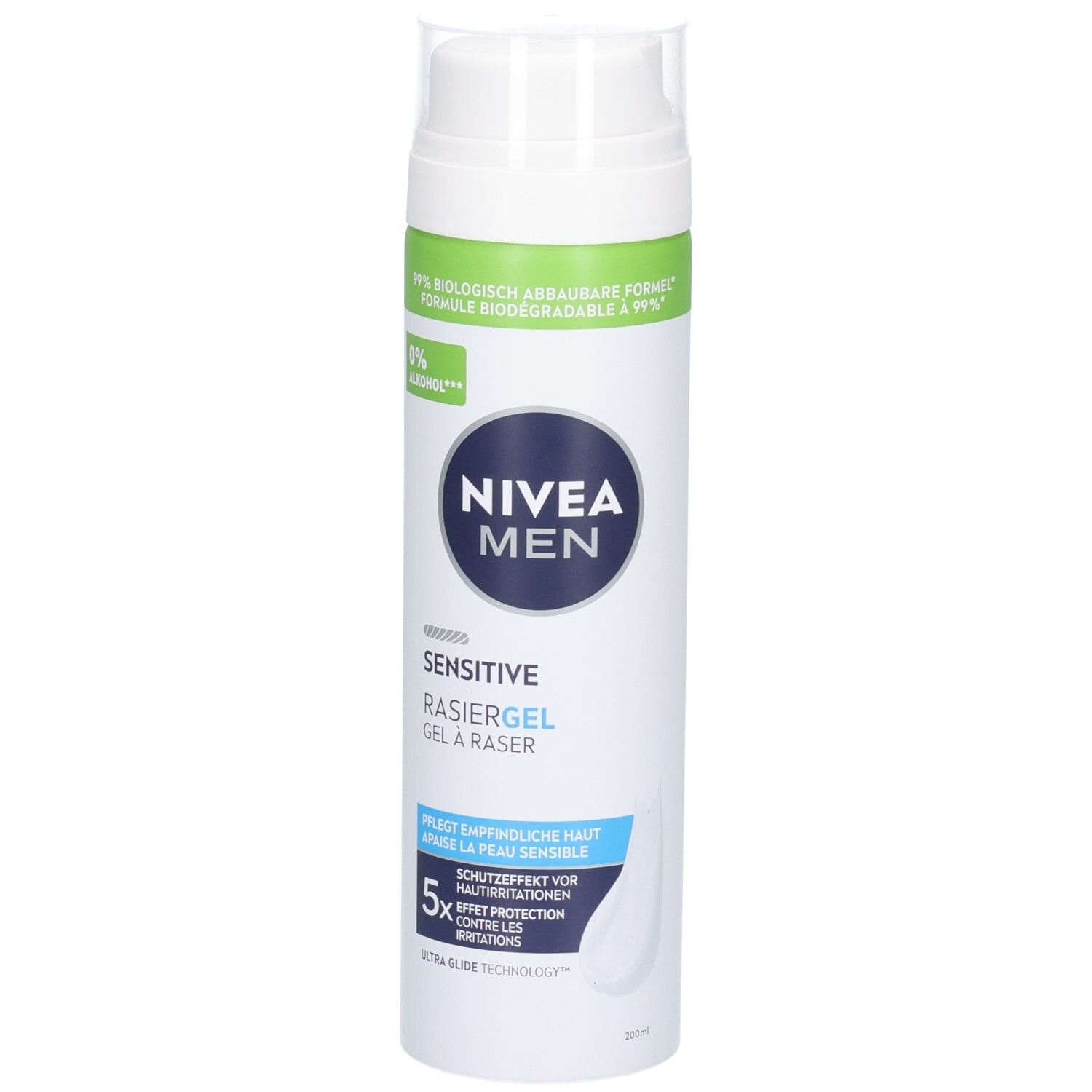Rückseite von NIVEA MEN Sensitive Rasiergel. Enthält Informationen zu Inhaltsstoffen und Anwendung.