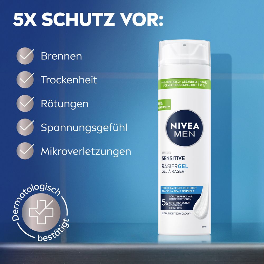 NIVEA MEN Sensitive Rasiergel: 5x Schutz vor Brennen, Trockenheit, Rötungen, Spannungsgefühl, Mikroverletzungen.