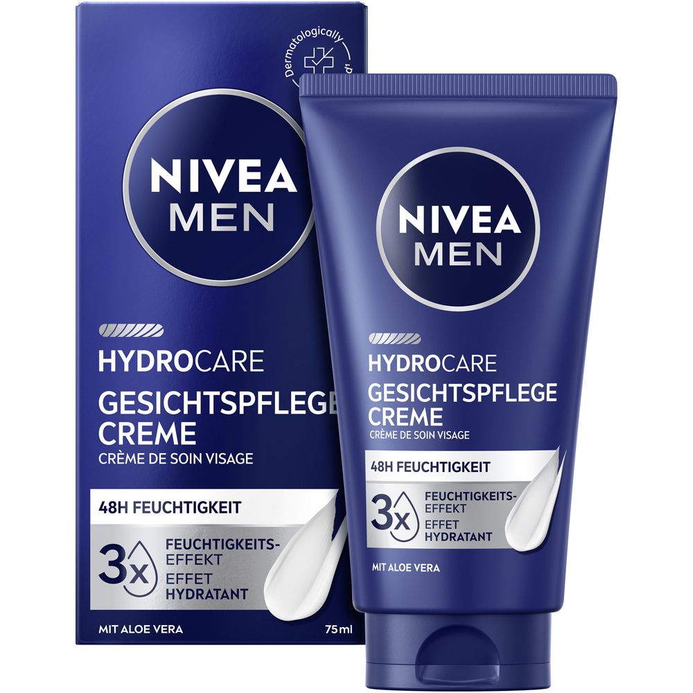NIVEA MEN HydroCare Gesichtspflege Creme Tube und Karton. 48h Feuchtigkeit, 3x Feuchtigkeitseffekt, mit Aloe Vera.