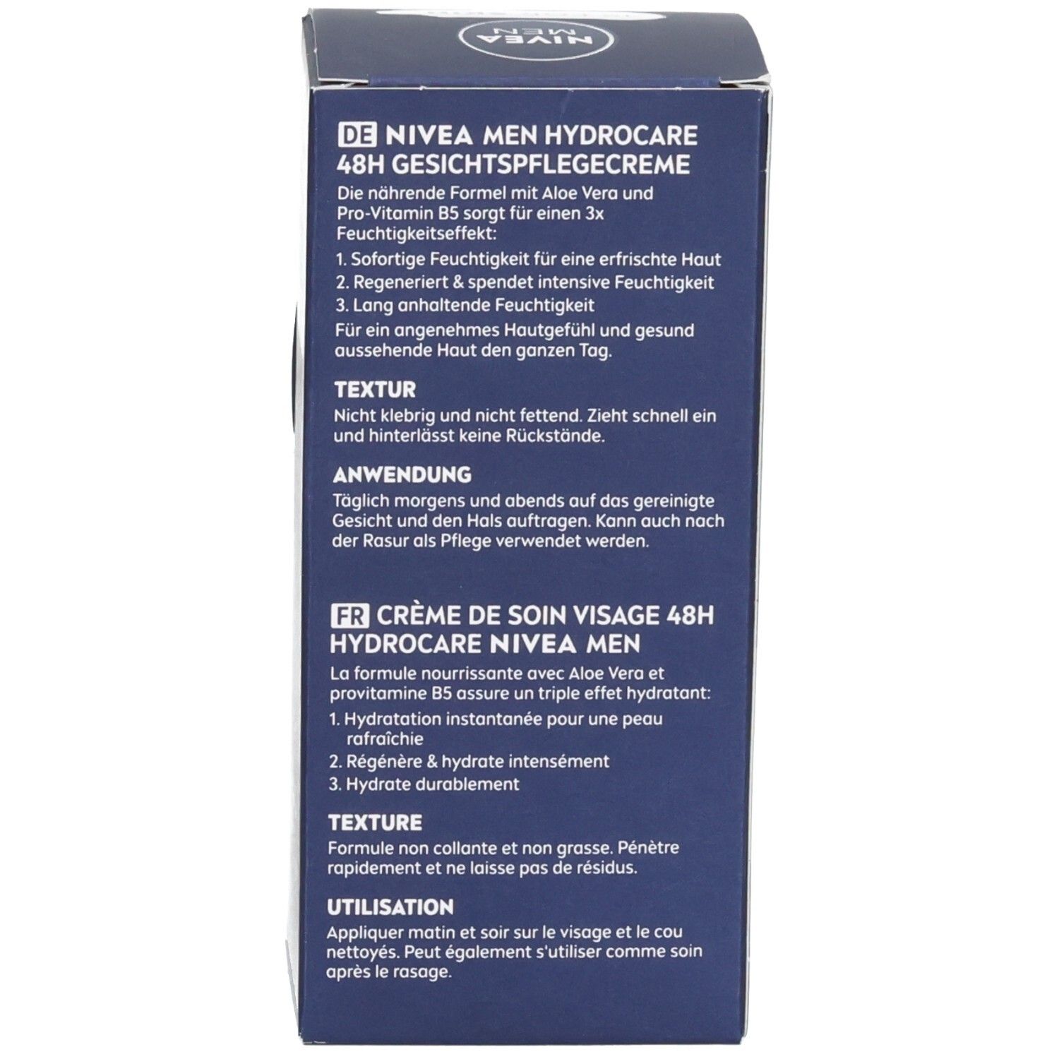 NIVEA MEN HydroCare Creme Karton. Informationen zu Inhaltsstoffen, dermatologischer Verträglichkeit.