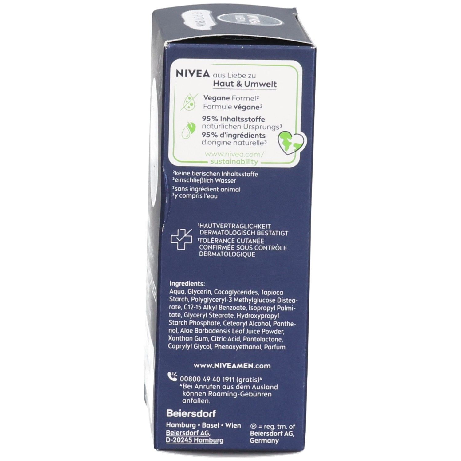 NIVEA MEN HydroCare Creme Karton. Informationen zu Inhaltsstoffen, dermatologischer Bestätigung.
