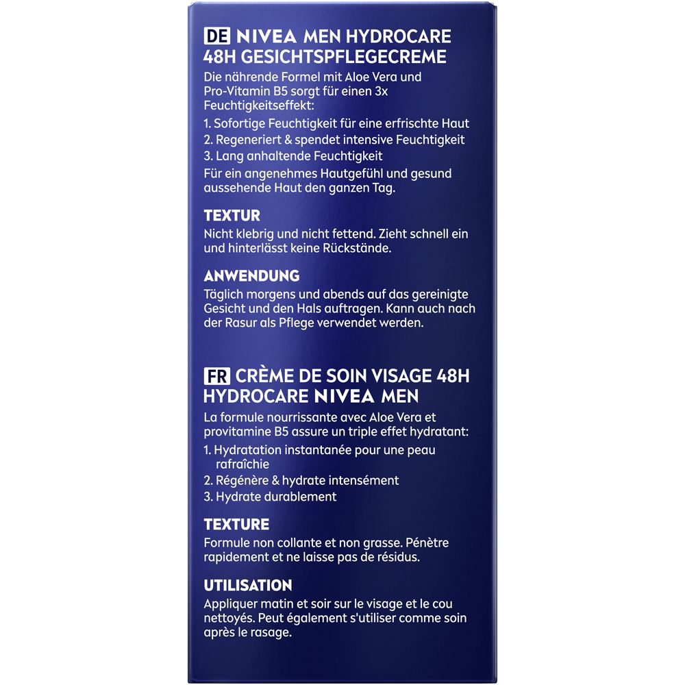 Rückseite der NIVEA MEN HydroCare Creme Verpackung mit Anwendungshinweisen und Texturinformationen.