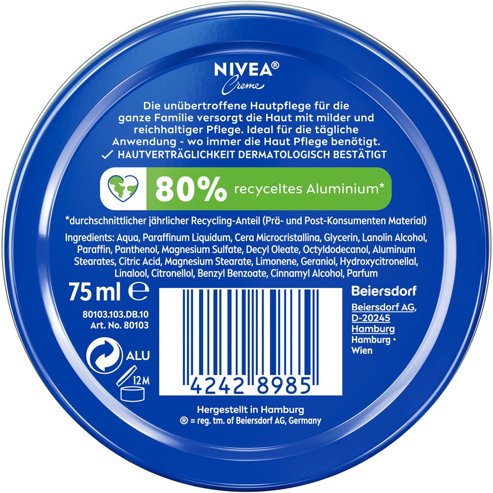 Rückseite einer NIVEA Creme Dose. Enthält Produktinformationen, Inhaltsstoffe und Barcode. 75 ml.