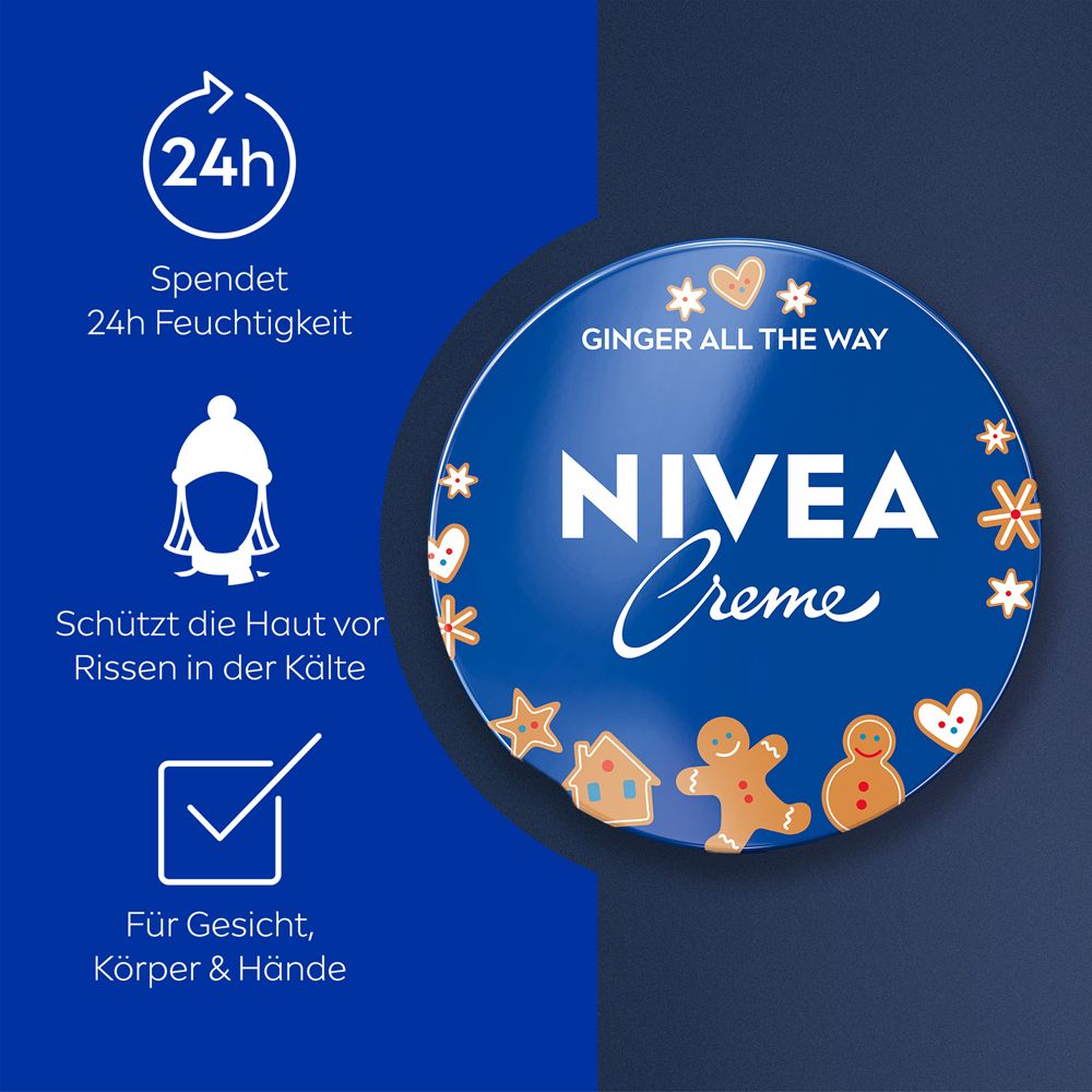 NIVEA Creme Dose mit Lebkuchenmotiv. Links daneben Icons für 24h Feuchtigkeit und Hautschutz.