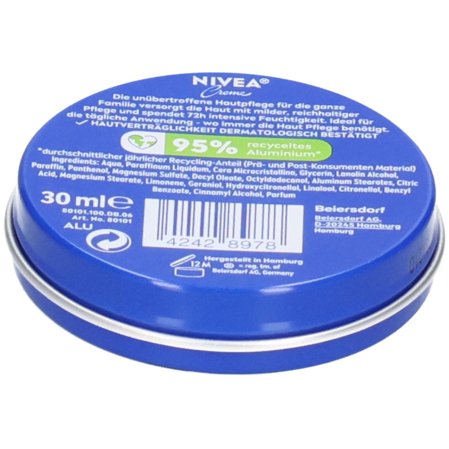 Rückseite einer NIVEA Creme Dose mit Regenbogen-Design, 30ml und 95% recyceltem Aluminium.