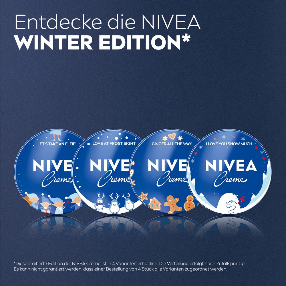 Vier limitierte NIVEA Creme Winter Edition Dosen mit verschiedenen Motiven.